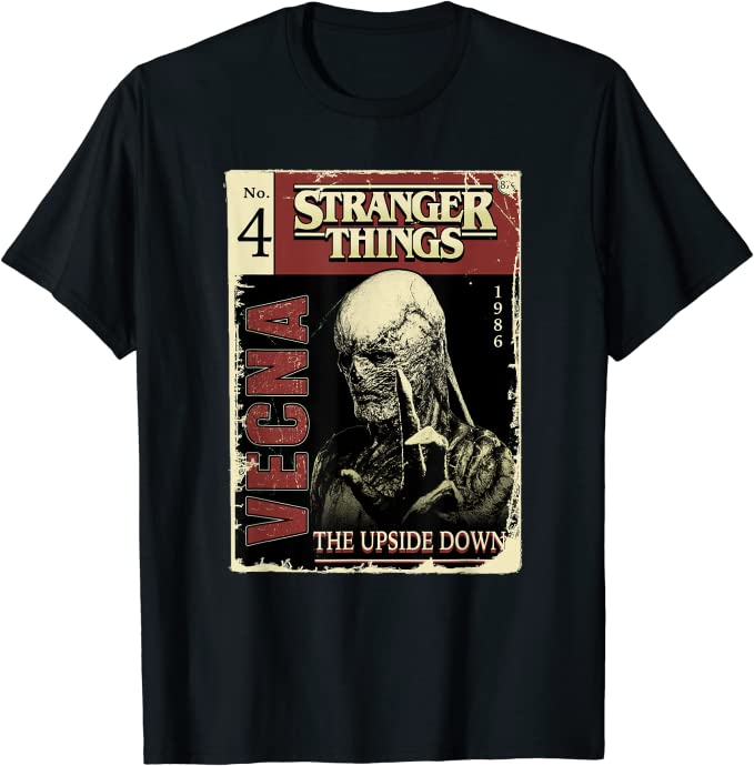 Vecna from stranger things series 4 on a comic book cover on a black t shirt, link to purchase item