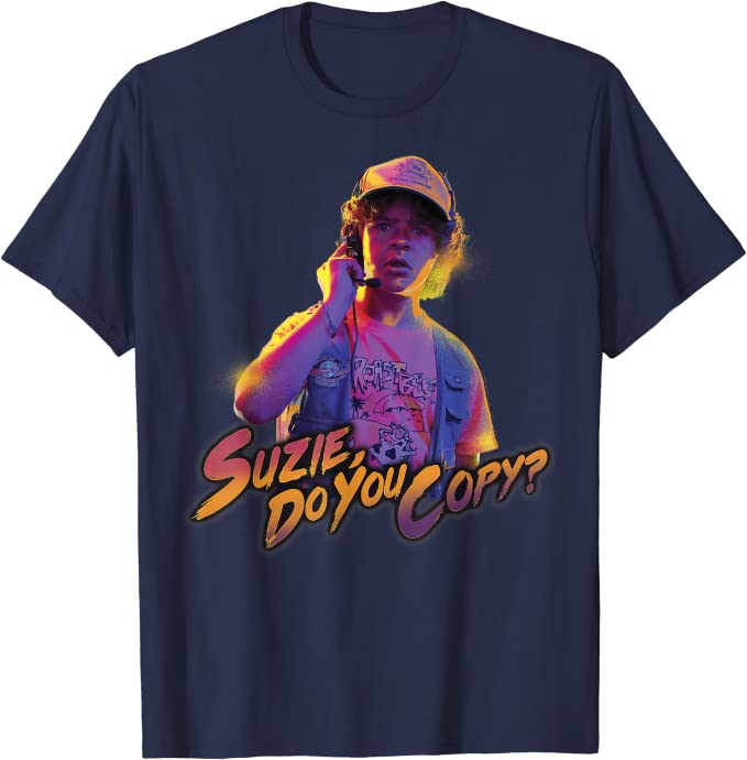 Dustin from Stranger things with the quote suzie do you copy on a ourple shirt, link to purchase item