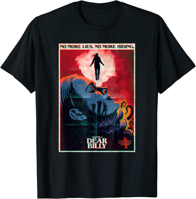 Max from Stranger Things in Chapter 4 Season 4 with the words No more lies no more hiding on a black shirt, link to purchase item