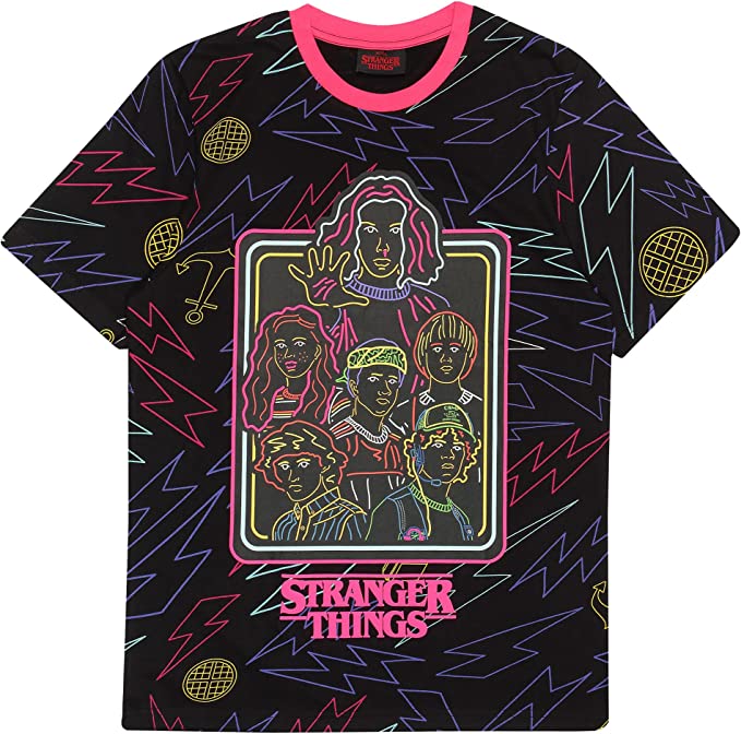 Neon Stranger Things Shirt with characters, lightning bolts, anchors and eggos, link to purchase item