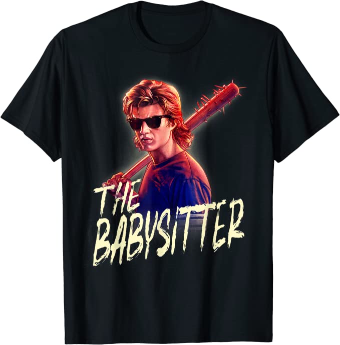 Steve with Baseball Bat with the text The Babysitter from Netflix series Stranger Things on a black shirt, link to purchase item